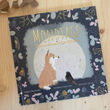 Buchcover ‚Mondtage – Zykluswissen für Kinder‘ mit Illustration von Waldtieren und Mondphasen.